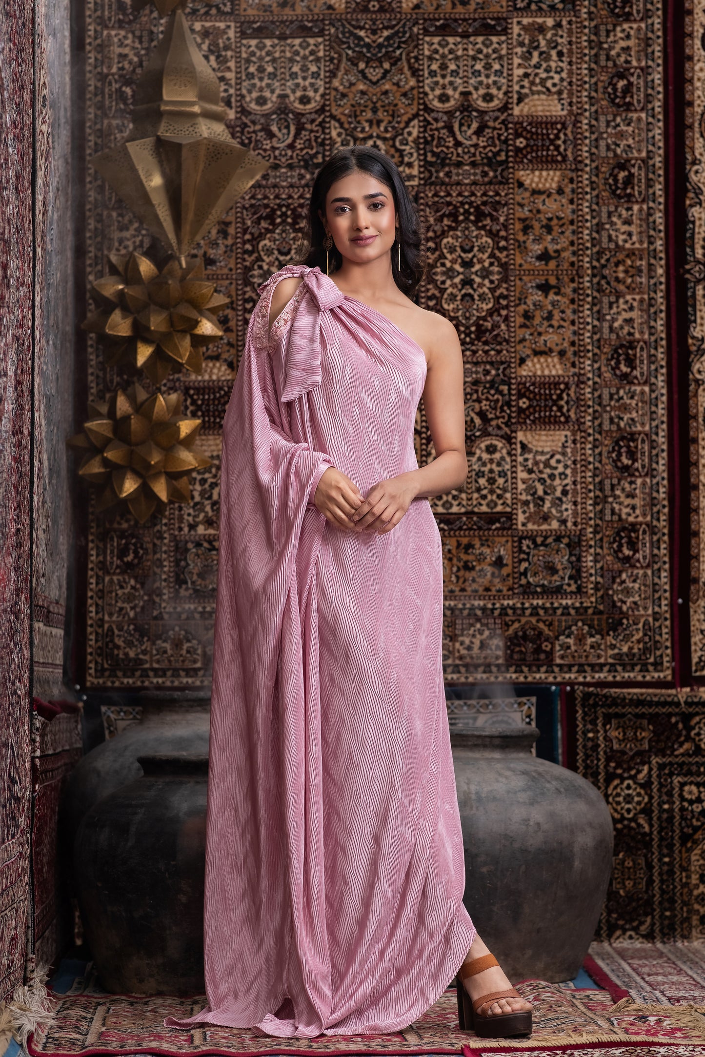 Pink Pleated One Shoulder Kaftan - MishMesh