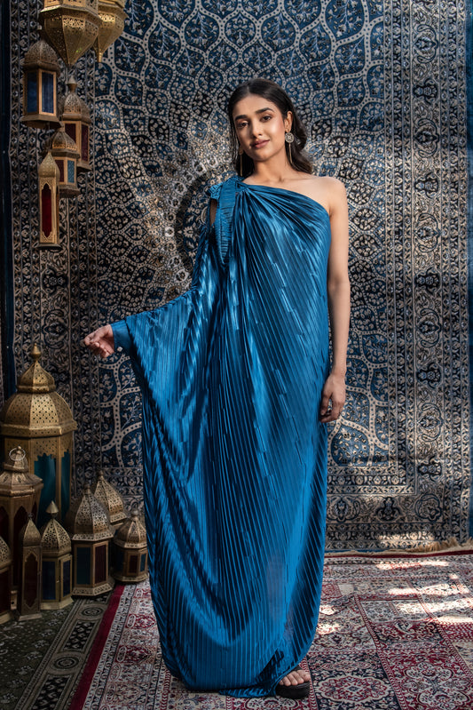 Blue Pleated One Shoulder Kaftan Dress - MishMesh