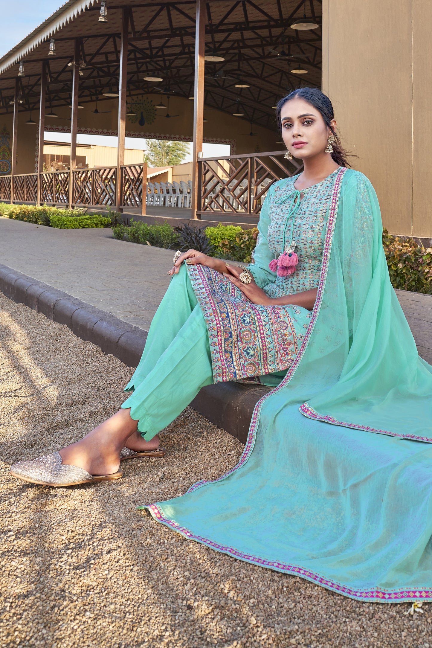 SKY BLUE JACQUARD UNSTITCHED SUIT SET - MishMesh