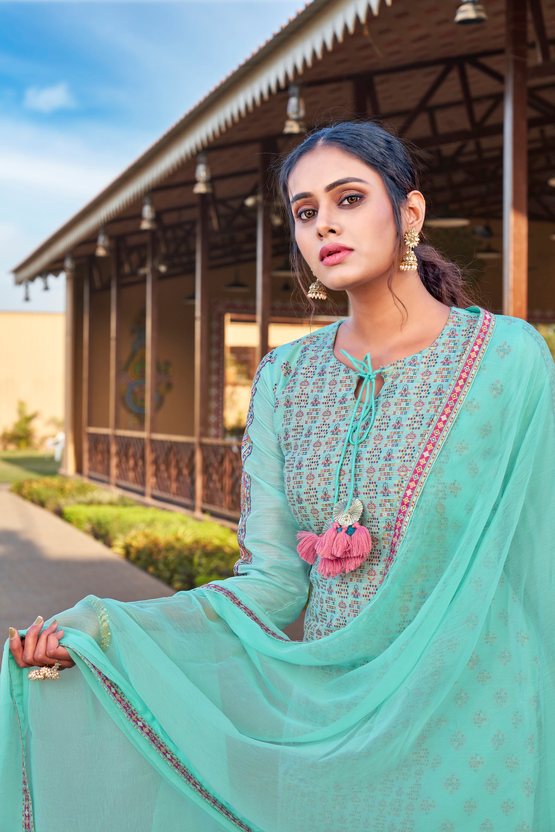 SKY BLUE JACQUARD UNSTITCHED SUIT SET - MishMesh